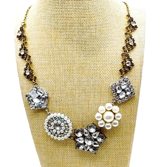 Plunder Statement Necklace Mixed Metal Gold Silver Crystal Pearl Chunky Chain - Picture 1 of 16